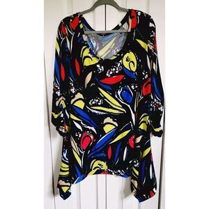 Premise 3X Top Multicolor Abstract Art Asymmetrical Sides Stretch Slinky 3/4 Slv